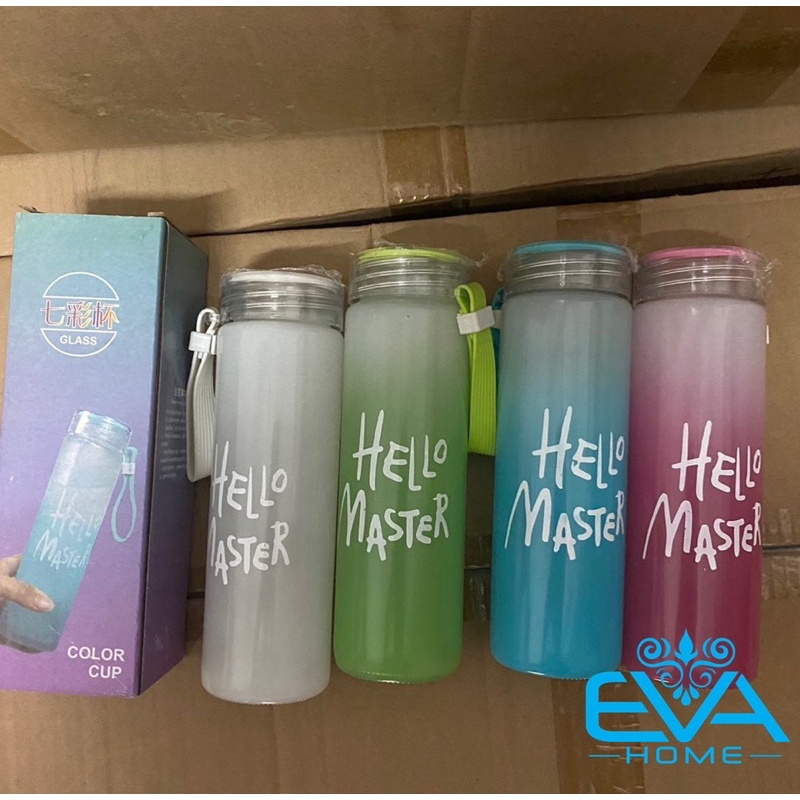 Bình Đựng Nước Thủy Tinh Màu Mờ In Chữ Hello Master Kèm Dây Xách 450 Ml