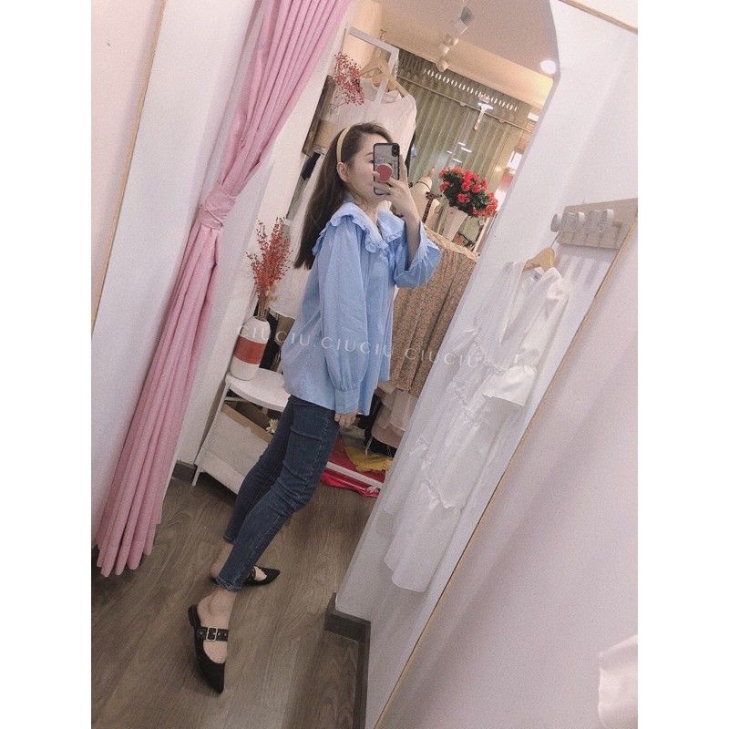 Áo sơ mi tiểu thư cổ bèo vành to Dễ Thương