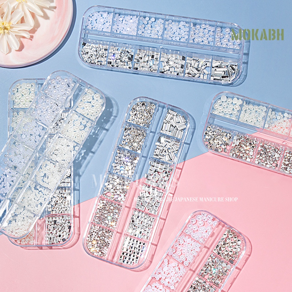 Hộp 12 Ngăn Đựng Hạt Đá / Ngọc Trai 3D Dùng Trang Trí Móng Tay DIY