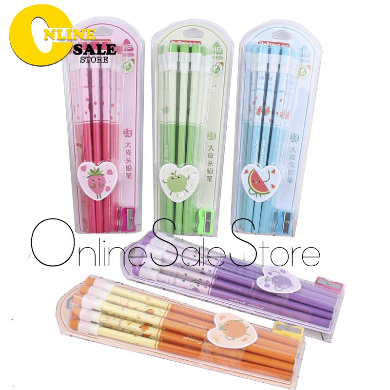 [Tặng gọt bút chì] Bộ 12 bút chì gỗ HB có đầu tẩy in họa tiết hoa quả dễ thương dùng để vẽ tranh cho học sinh