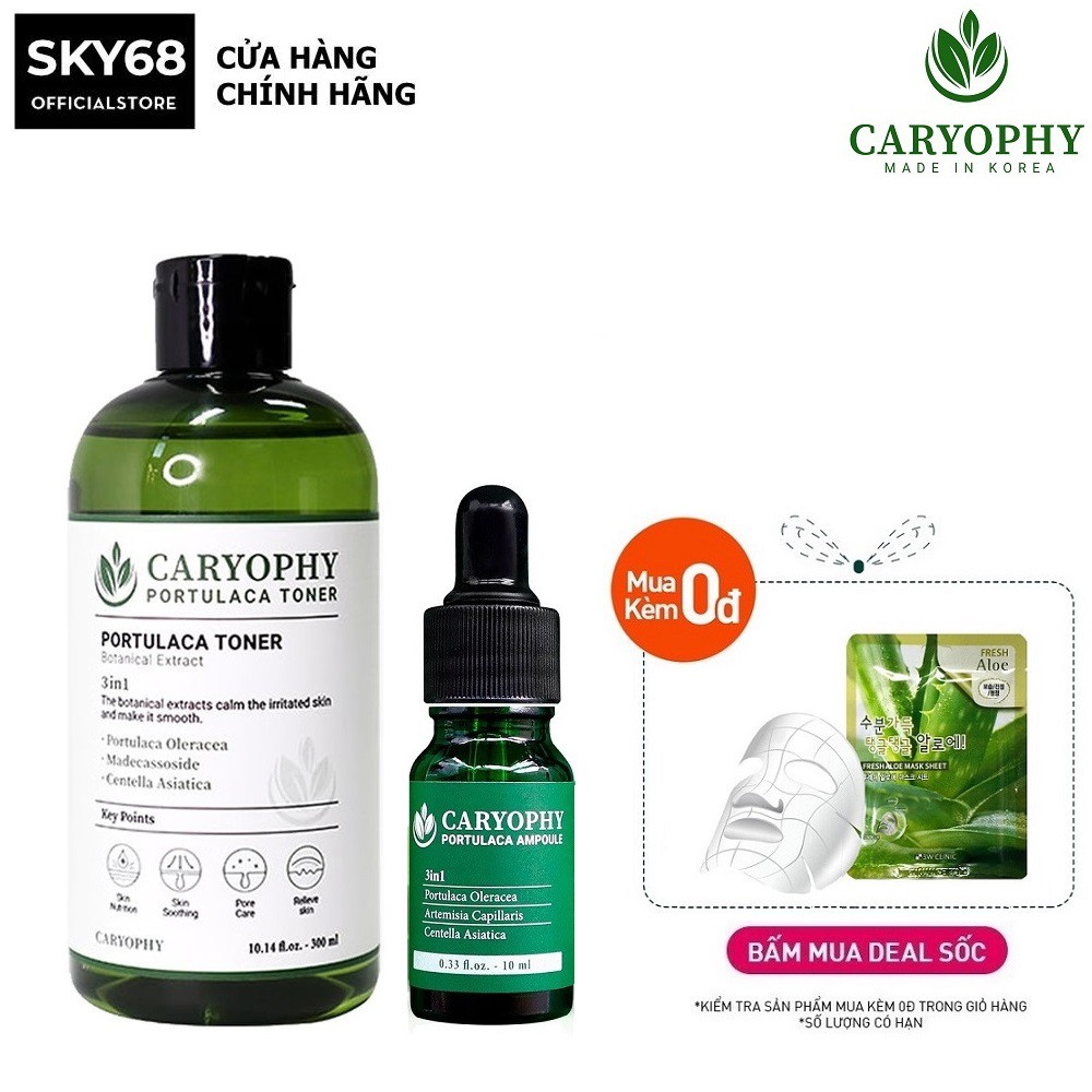 Combo Toner giảm mụn thâm từ rau má Caryophy Portulaca Toner 300ml + Serum mờ thâm Caryophy Portulaca Ampoule 10ml