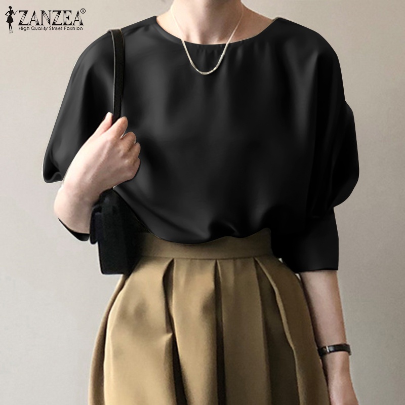 Áo kiểu Zanzea vải satin tay 3/ 4 cổ tròn cài nút thời trang cho nữ