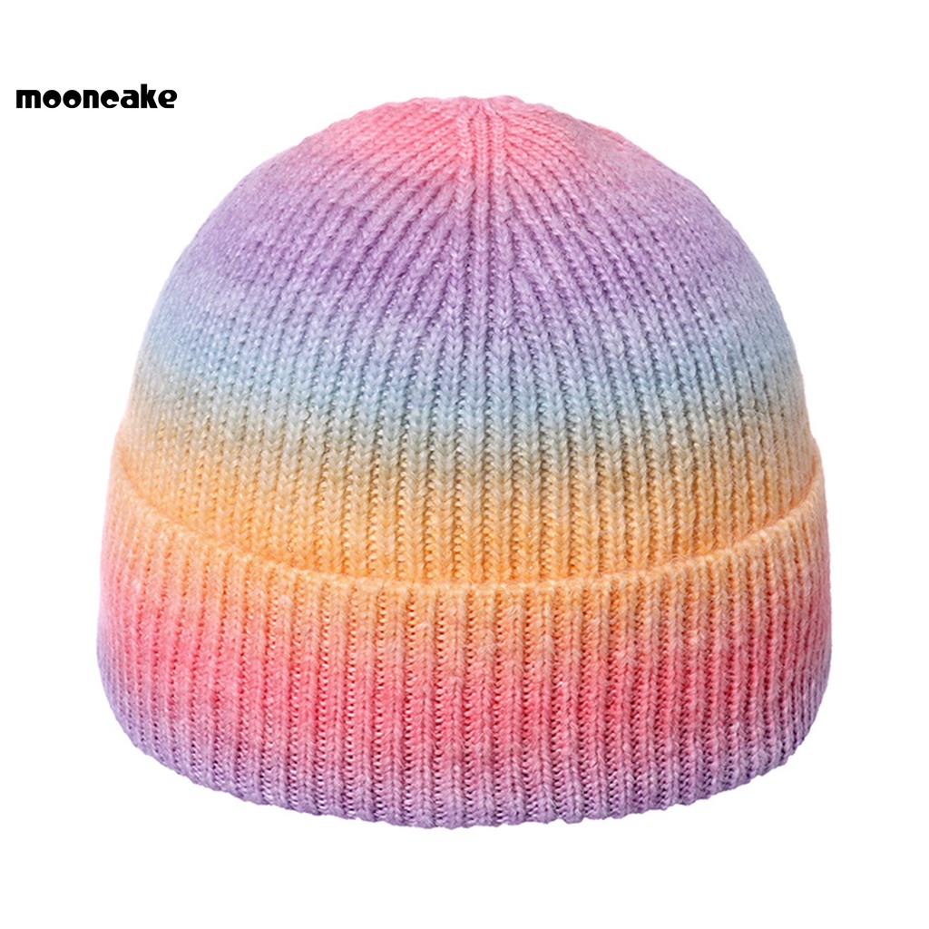 Mũ beanie đan len dày giữ ấm màu cầu vồng thời trang