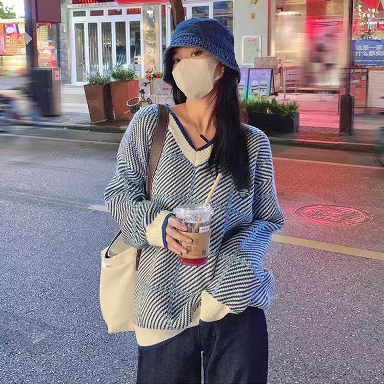 Áo sweater dệt kim cổ chữ V dáng rộng màu tím/ màu xanh da trời thời trang dành cho nữ