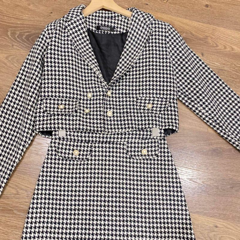 Set dạ tweed 2 lớp họa tiết kẻ caro 2 màu đen, nâu