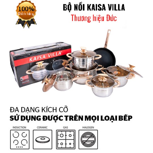 BỘ NỒI VÀ CHẢO KAISA VILLA KV-6618 GỒM 6 MÓN 12 CHI TIẾT BẰNG INOX 304 TRÁNG MEN ĐỨC