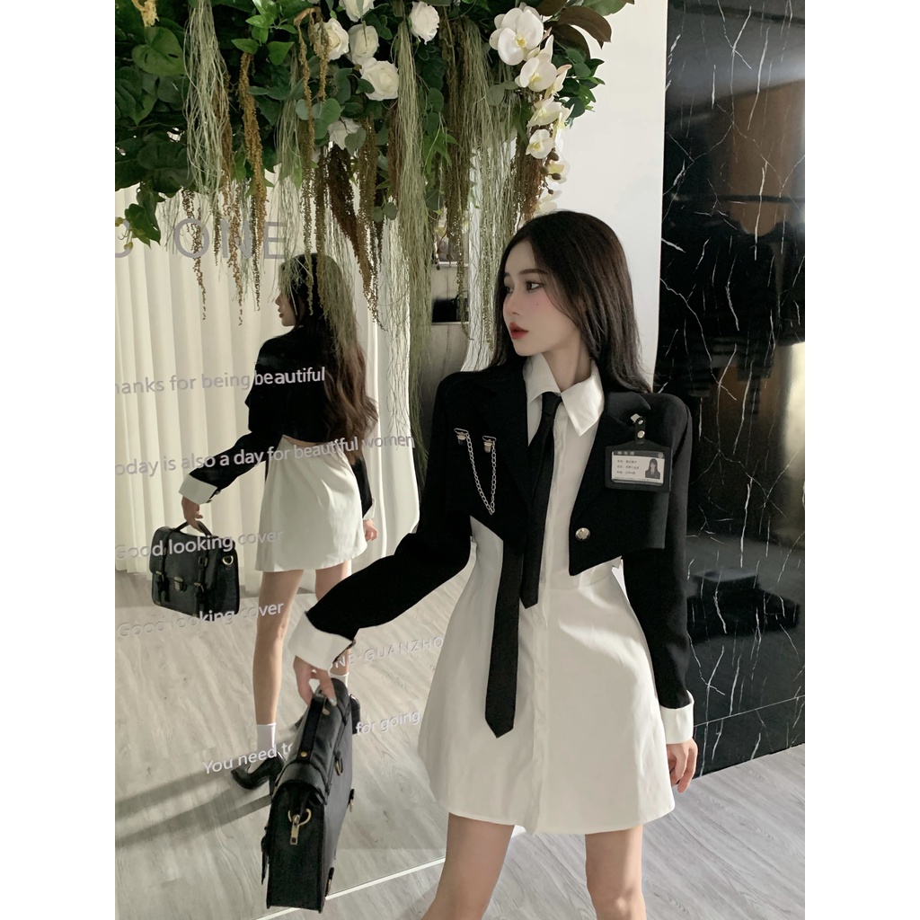 Set Áo Khoác Ngắn + Đầm Sơ Mi Nhiều Màu Sắc Phong Cách Preppy