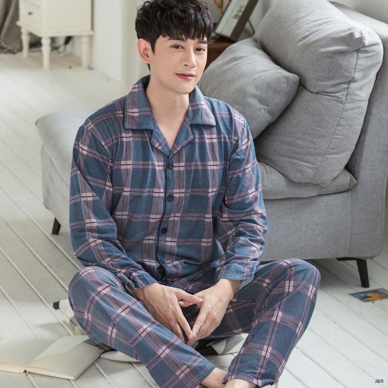 Bộ đồ ngủ pijama cotton tay dài thời trang xuân thu cho đàn ông trung niên