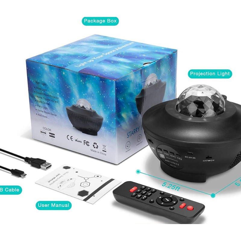 Đèn LED USB chiếu hình ngân hà/sóng nước trang trí kích hoạt bằng âm thanh chức năng loa bluetooth tạo không khí/Đèn LED chiếu hình vì sao / sóng biển cho ban đêm lãng mạn đầy màu sắc