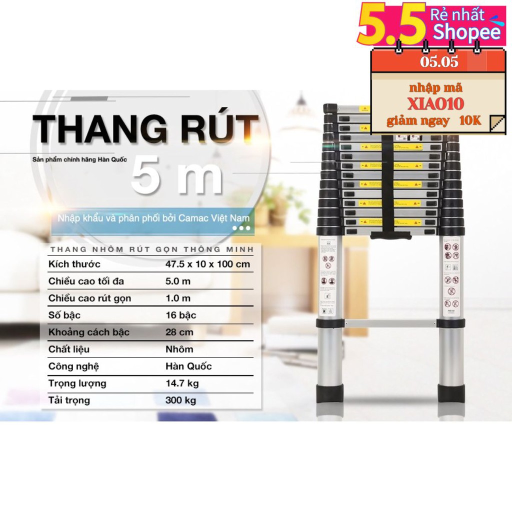 Thang nhôm 5 mét Busan korea nhôm co 6030 ảnh thật cam kết bảo hành 24 tháng