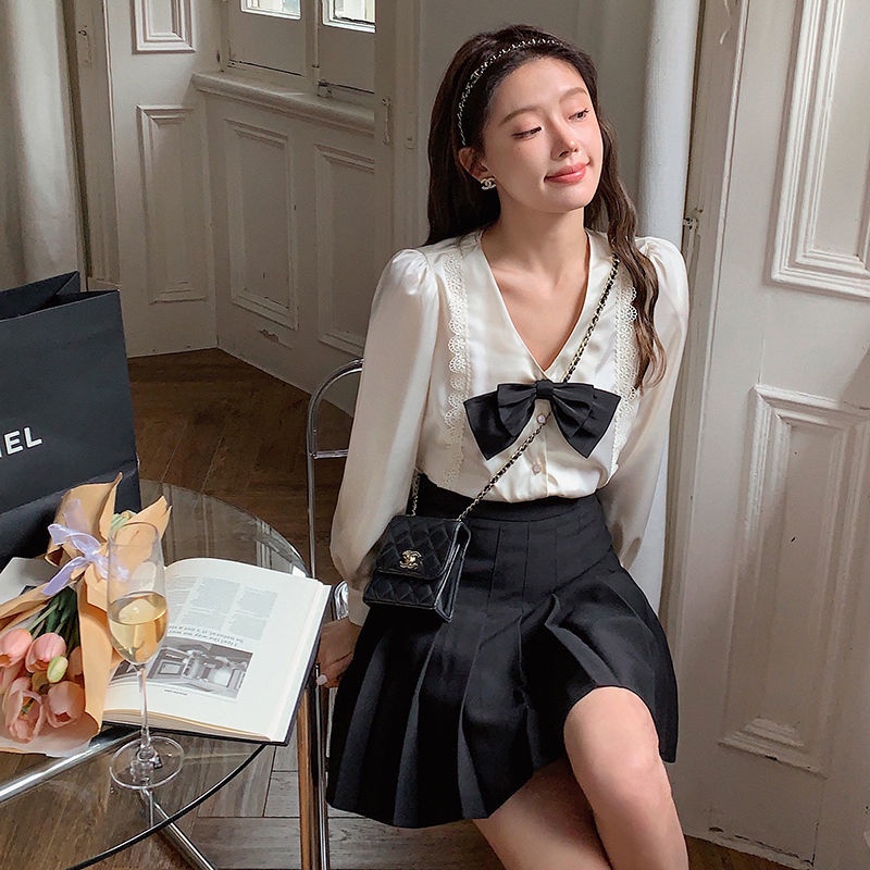 Áo sơ mi tay phồng cổ chữ V thắt nơ phong cách retro Pháp thời trang mùa thu cho nữ