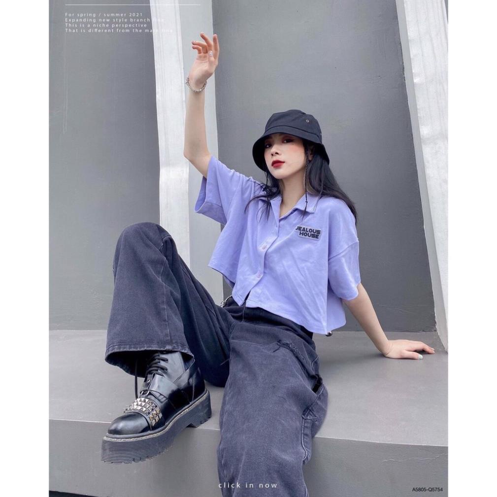 [Hàng VNXK]Áo Croptop Cổ Bẻ Chữ Ngực Nữ- Phông Thun Polo Chữ Ngực Cộc Tay Ullzang Đen|Trắng|Tím Siêu Hot | BigBuy360 - bigbuy360.vn