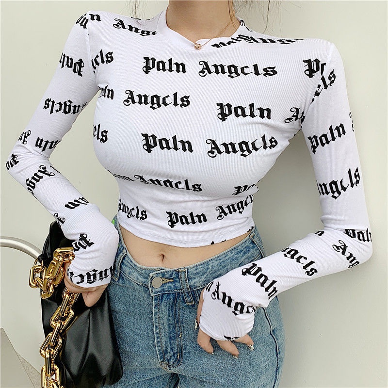 IELGY Áo Thun Lửng Tay Dài Dáng Ôm In Chữ Thời Trang Cho Nữ