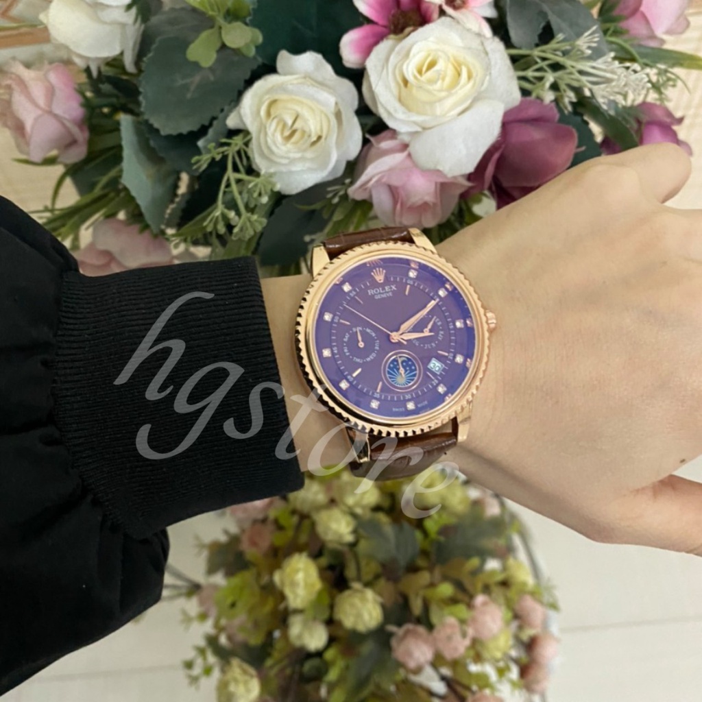 Đồng hồ Nam Rolex máy nhật, mẫu 6kim đính đá, mặt nâu cafe viền vàng, dây da [ BH 1 Năm ] lỗi 1 đổi 1 miễn phí