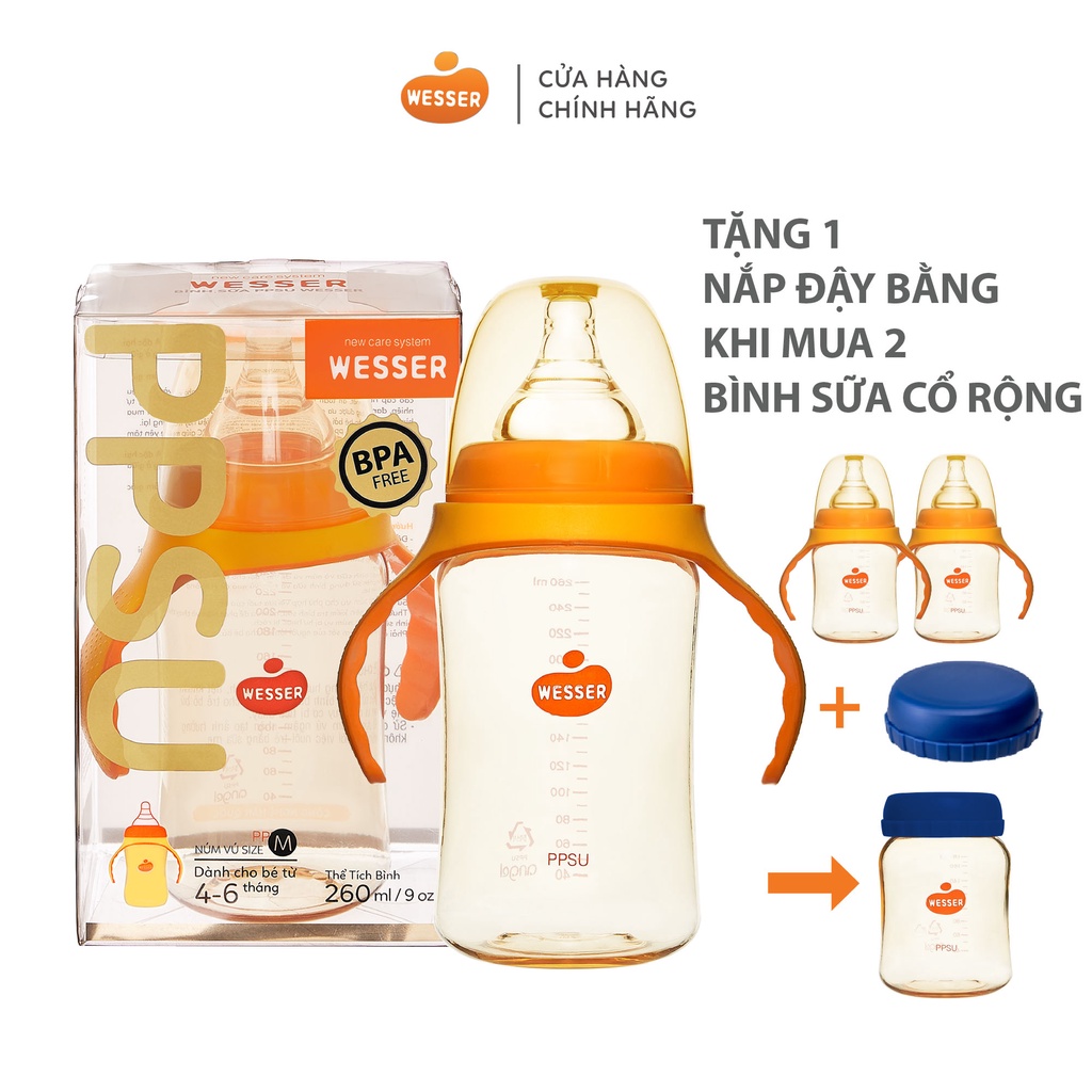 ( TẶNG KÈM NẮP CỔ RỘNG KHI MUA TỪ 2 BÌNH ) - Bình sữa Wesser PPSU (cổ rộng) 260ml