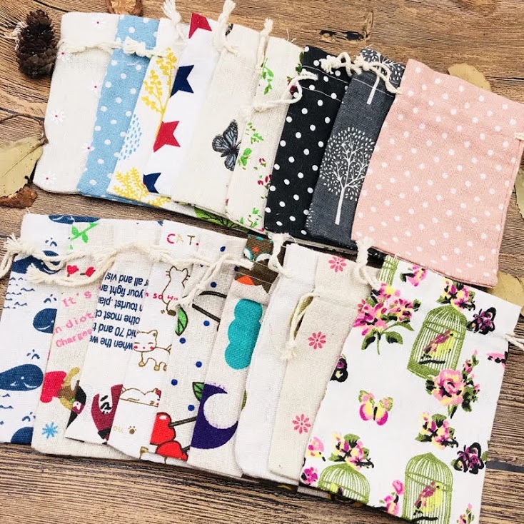 Túi vải bố linen dây rút họa tiết phong cách vintage đựng hoa khô hoa thơm cà phê size 10x14cm - namimi