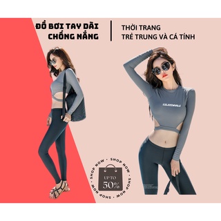Đồ bơi tay dài nữ, croptop xám và quần dài