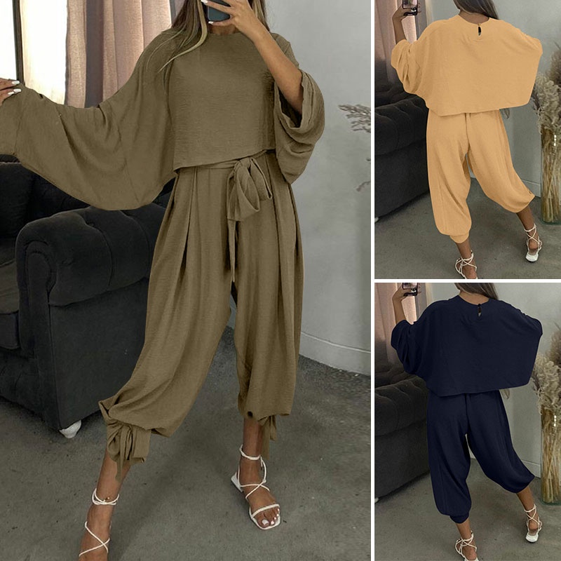 Set đồ Zanzea gồm áo tay dài rũ và quần ống rộng thời trang nữ