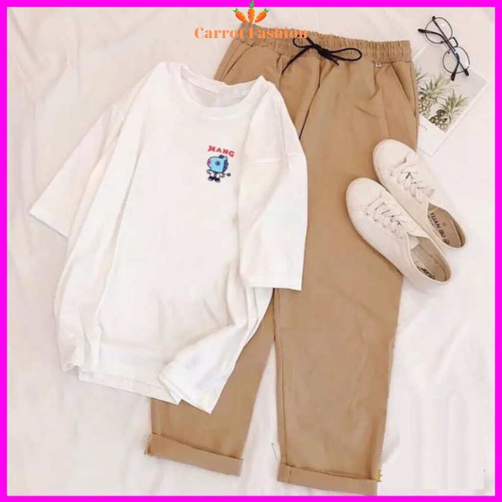 Hàng Loại 1: Set Đồ Nữ Đi Chơi Đi Học CARROT FASHION, Sét Đồ Bộ Nữ Cotton In MANG BTS21 Mix Quần Ống Rộng Kaki Hàn Quốc