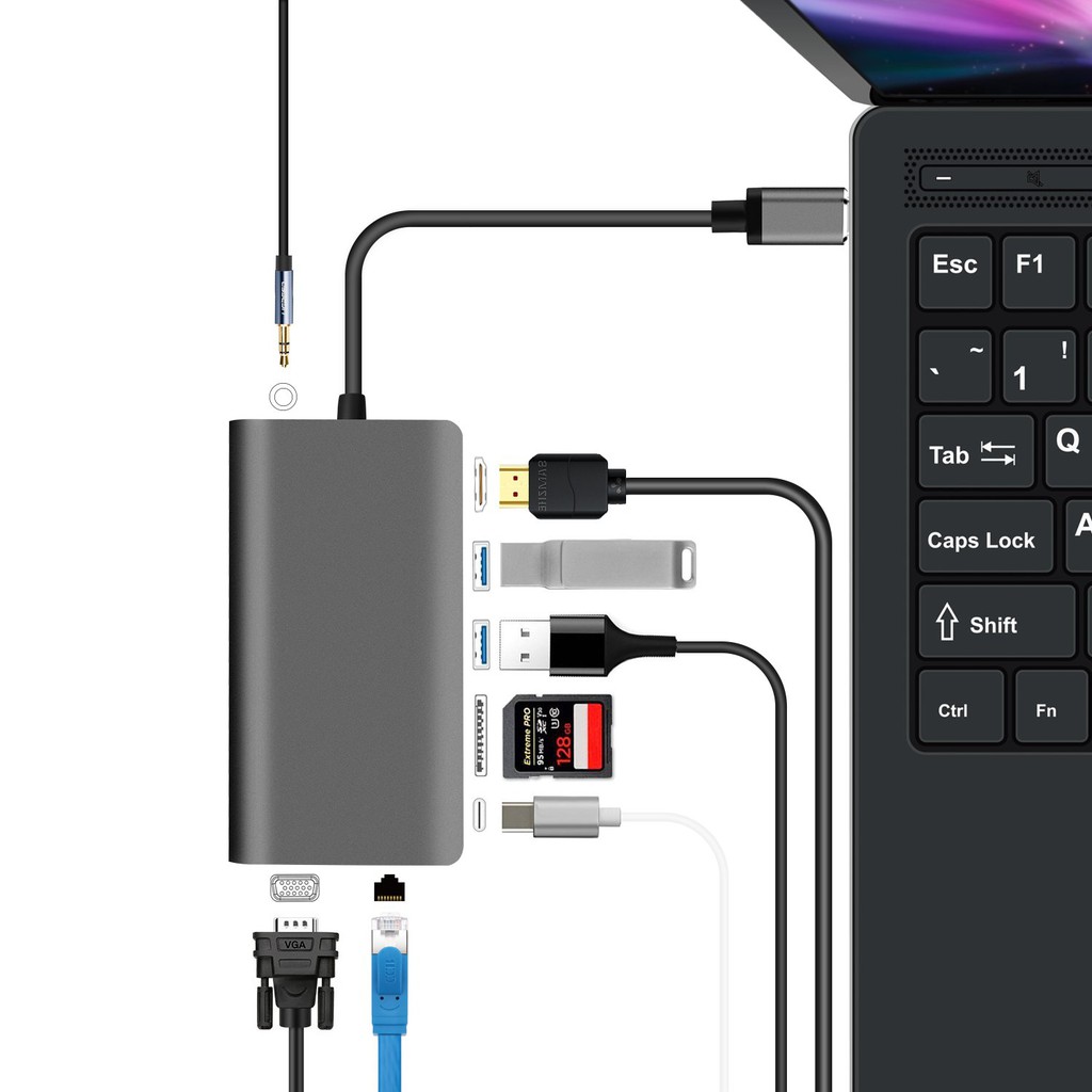 [Mã ELMS5 giảm 7% đơn 300K] Bộ chuyển Usb Type-c 8 cổng A164 - hỗ trợ HDMI/ VGA/ RJ45/ Audio/ USB 3.0/ SD/ PD