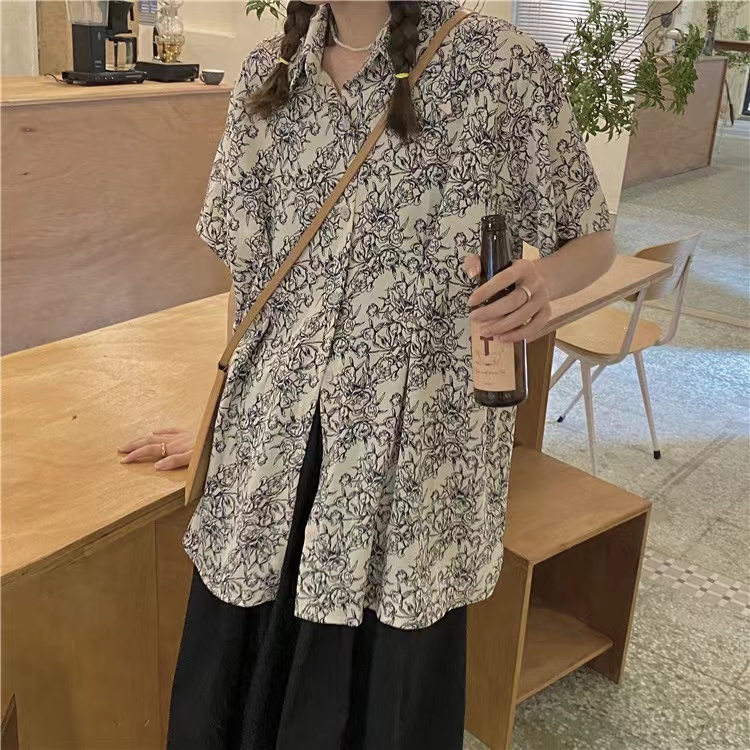 SUXI Áo Sơ Mi Tay Ngắn Dáng Rộng Kiểu Vintage Thời Trang Mùa Hè Cho Nữ