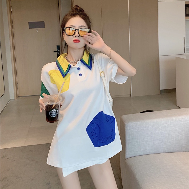 [ Mã 11FASHIONSALE1 giảm 10K đơn 50K ] Áo Thun Polo Tay Ngắn Thêu Họa Tiết Màu Sắc Tương Phản Dành Cho Nữ
