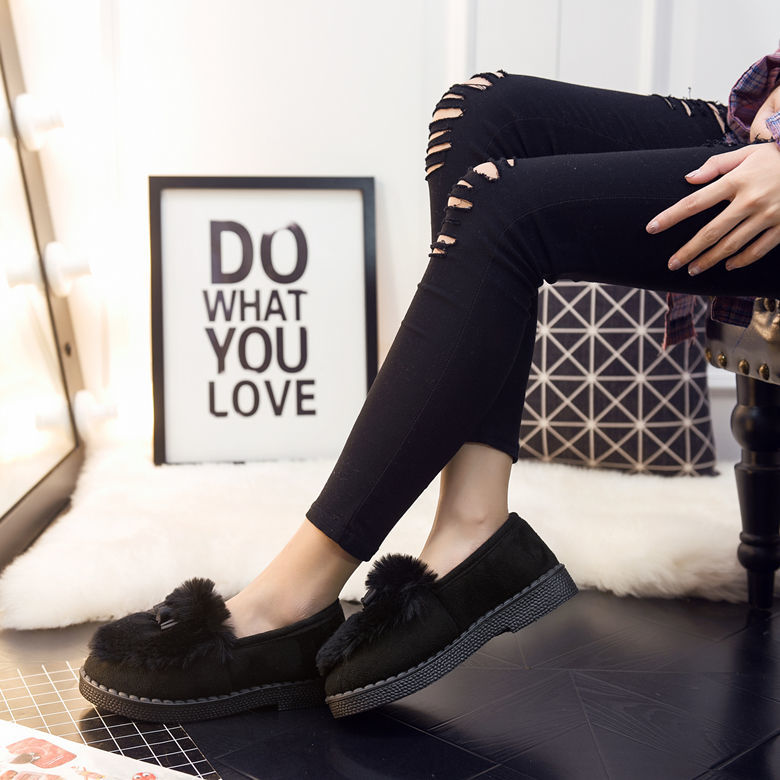 Giày Lười Đế Bằng Lót Bông Giữ Ấm Chống Trượt Phong Cách Hàn Quốc Thời Trang Thu Đông Cho Nữ