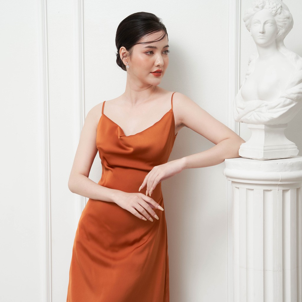 Váy 2 dây lụa cổ đổ, đầm đi tiệc cưới dạ hội sự kiện sang trọng dáng dài có điều chỉnh dây Partyqueen L.V2D-03 - jisilk | BigBuy360 - bigbuy360.vn