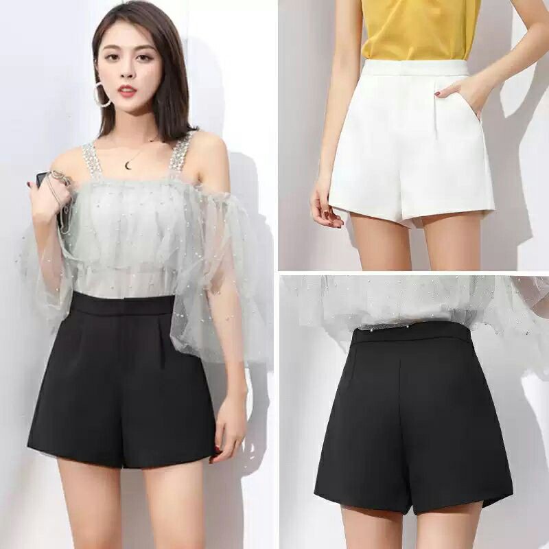 Quần shot nữ cạp lưng cao mặc ở nhà chất vải mưa trơn ống rộng kiểu dáng - Quần đùi nữ mặc nhà xuất hàn mặc mùa hè