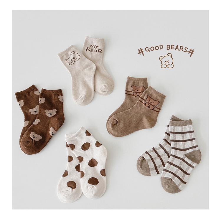 Set 5 Đôi Vớ Cotton Họa Tiết Chấm Bi / Chú Gấu Dễ Thương Thời Trang Cho Bé