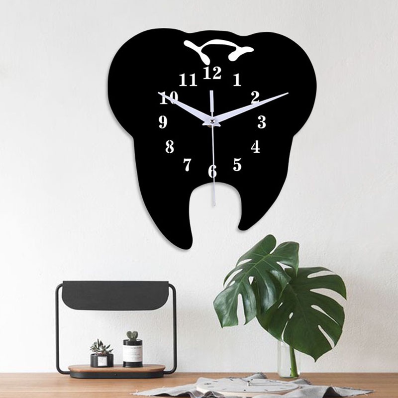 Đồng hồ treo tường hình chiếc răng 3D bằng acrylic tráng gương màu đen sáng tạo trang trí cho nhà cửa
