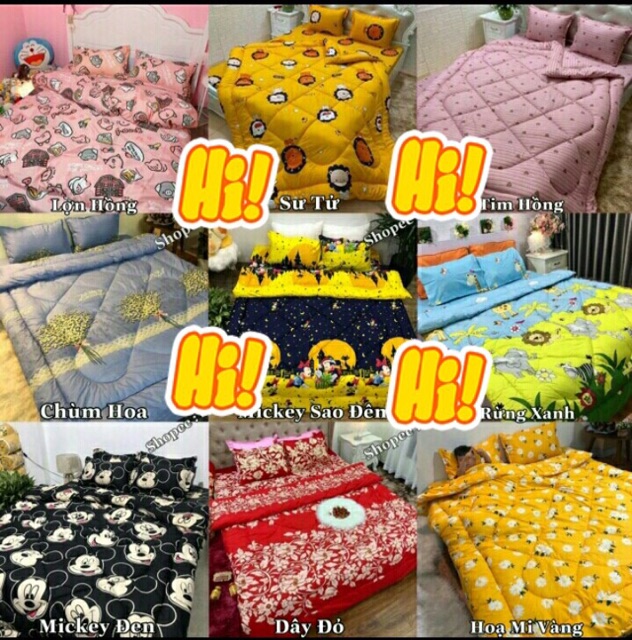 Trọn bộ 5 món ga gối chăn phao poly cotton có ruột bông dày loại 1