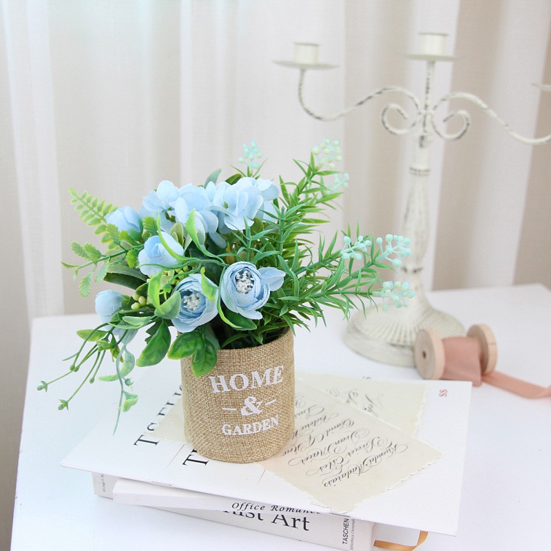 Hoa giả trang trí để bàn đẹp, hoa cẩm tú cầu - chậu hoa vải bố HOME & GARDEN dễ thương KHALIK - HF012
