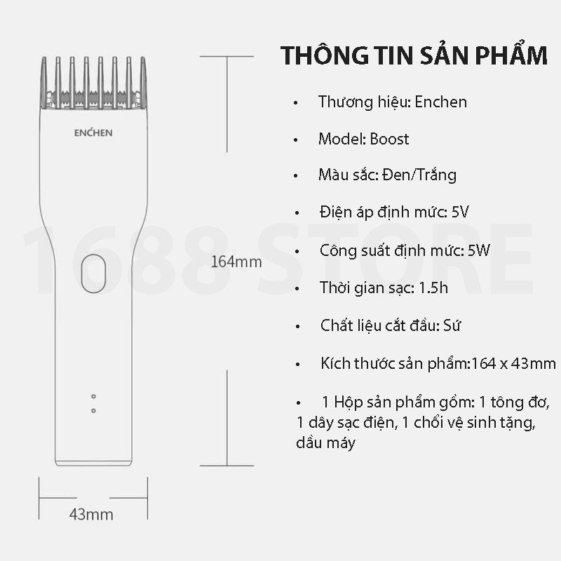 Tông đơ cắt tóc Xiaomi Youpin Enchen Boost sạc pin dễ cắt tiện lợi dùng gia đình và salon, công suất 5W LC1