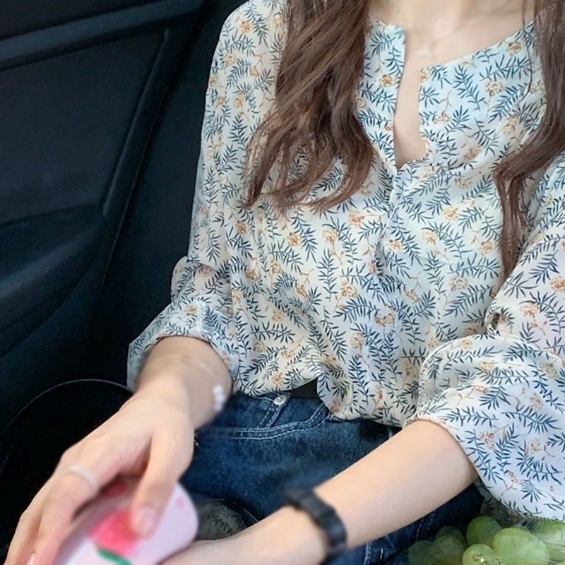 Áo Sơ Mi Dài Tay In Hoa Xinh Xắn Cho Nữ