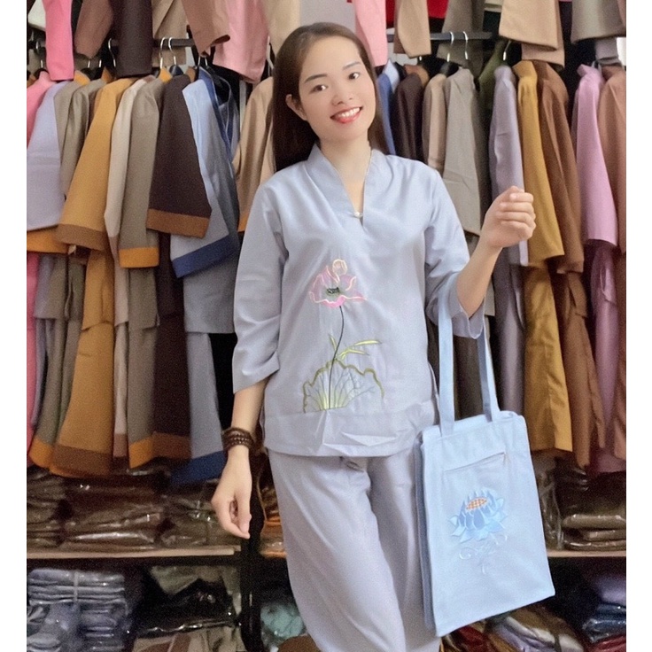 Đồ đi chùa nữ vải kate không co dãn từ 45 đến 62 ký, mẫu nút ngọc không viền cổ, thêu hoa sen, tay lỡ,