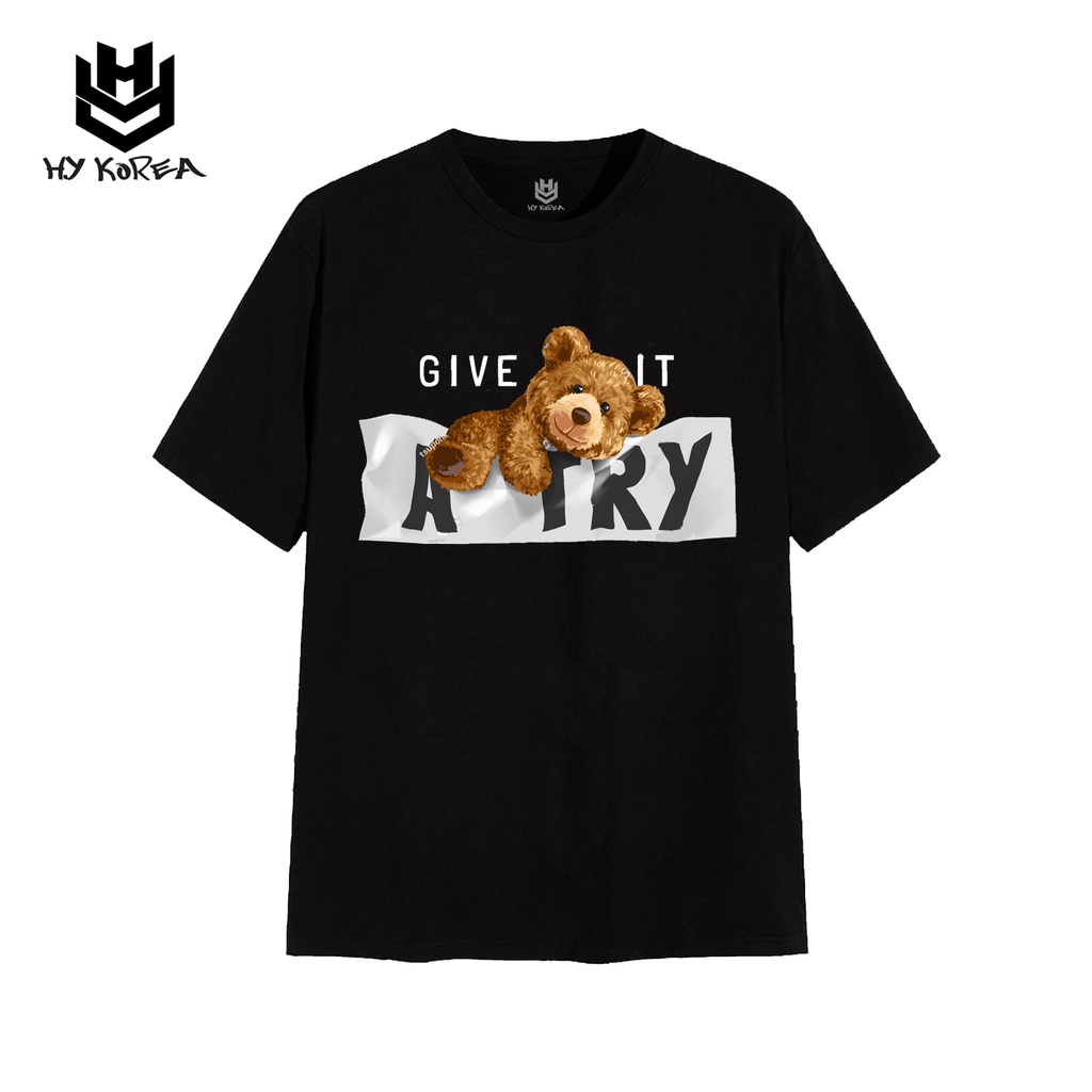 Áo Thun HY KOREA in Hình Gấu ATry Form Rộng Vải Cotton 100% Dày Dặn Thấm Hút Mồ Hôi