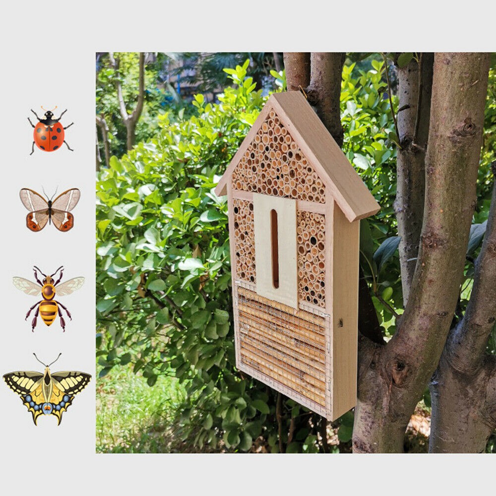 MELODG Natural Butterfly House Nest Bee Insect Hotel Garden Wooden Bug Hang Box Shelter