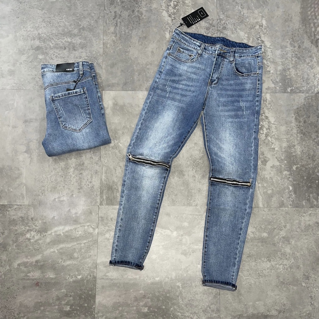 Quần Jean Nam Đen Trơn Phối Khoá Kéo Gối Dáng Slim Fit