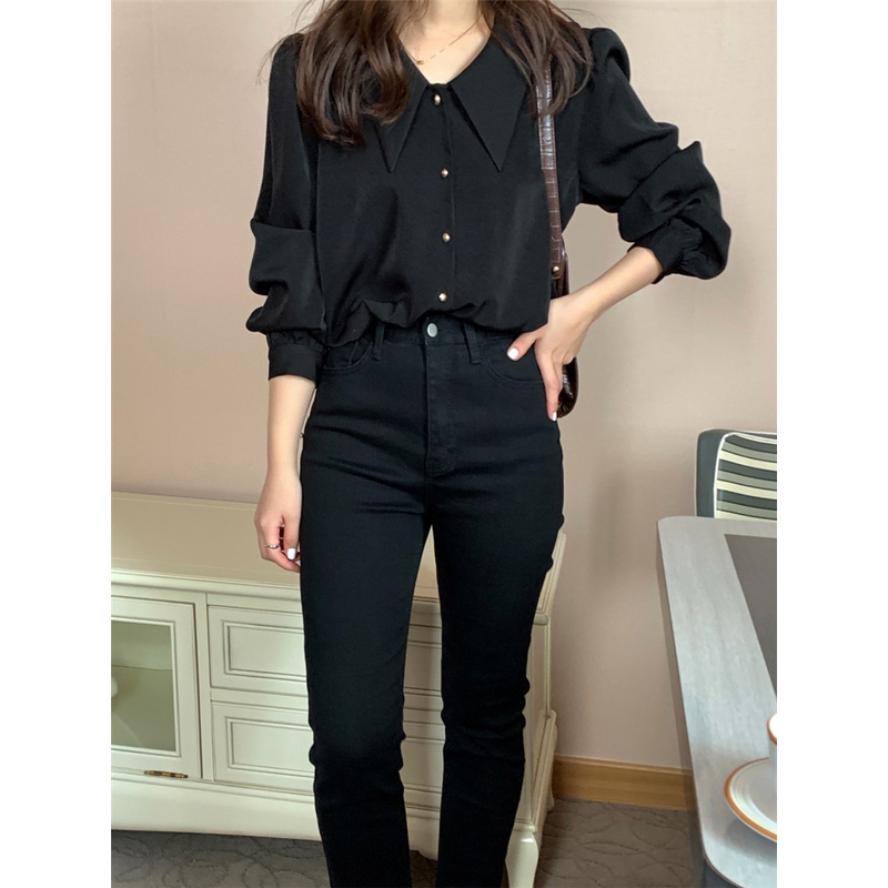 SUXI Áo sơ mi tay dài cổ chữ V màu sắc trẻ trung cho nữ