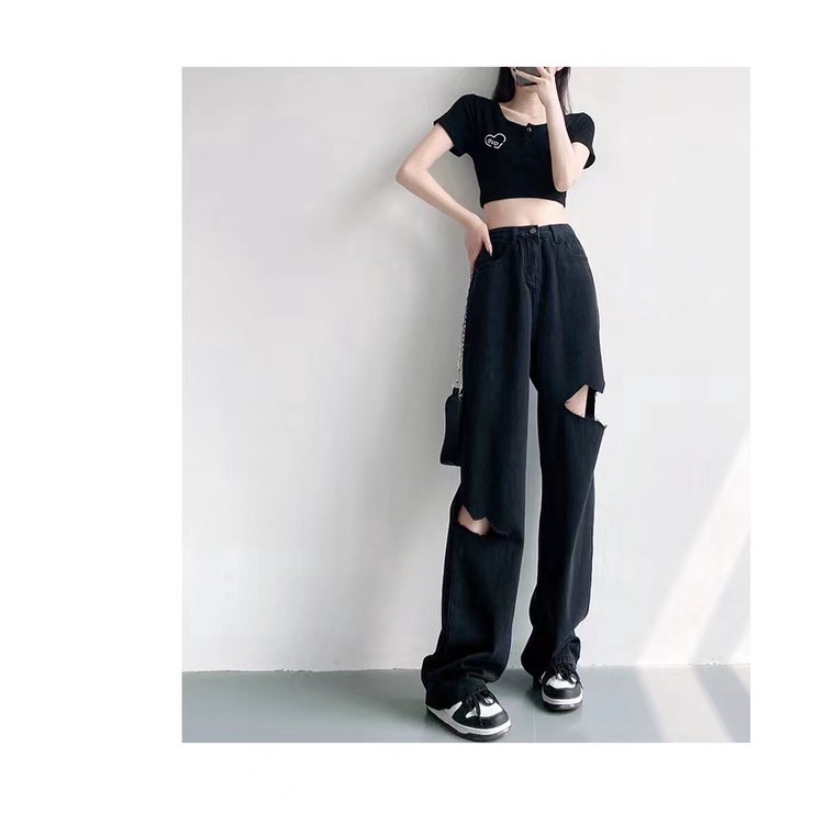 Quần Jean Nữ Cạp Cao Ống Rộng Rách Gối Phong Cách Mới