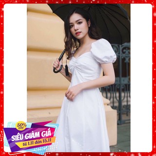 Đầm trắng maxi nhún ngực HMC058 NV cotton lụa