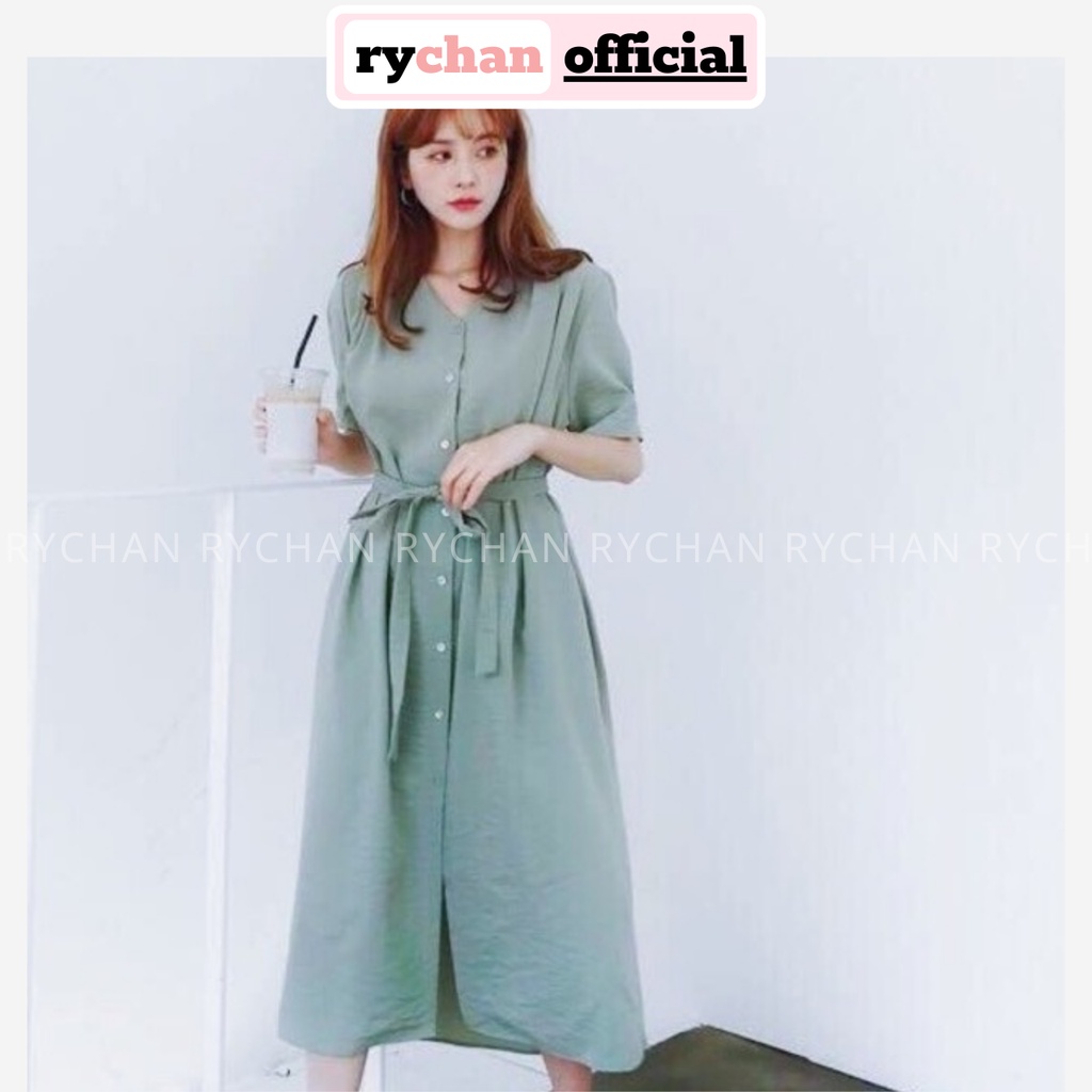 Đầm Nữ Công Sở Form Suông Cột Eo Tay Ngắn Cổ V Thanh Lịch Nhẹ Nhàng Dạo Phố Đi Cafe Màu Mint - DX9710