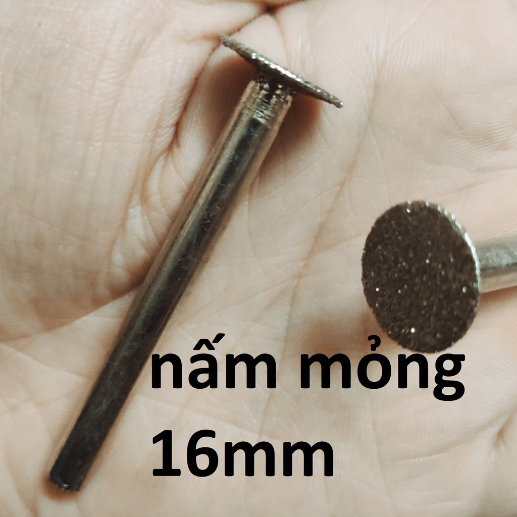 Mũi mài kim cương, mũi mài khắc đá, ngọc, hình nấm mỏng 16mm, cán 6mm