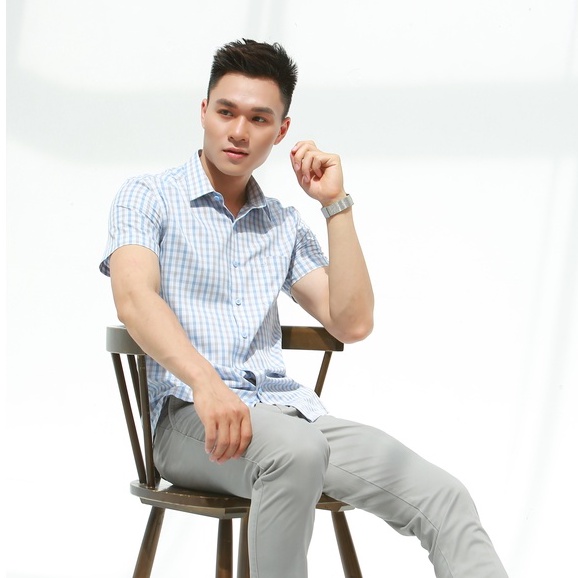 Áo sơ mi nam ngắn tay Santino, chất liệu sợi tre, hoạ tiết caro, dáng slim trẻ trung ASN495S601 | BigBuy360 - bigbuy360.vn