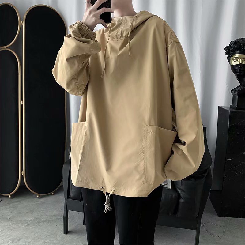 European and American fashion men's long-sleeve long-sleeved jacket with wide hood 2 large pockets