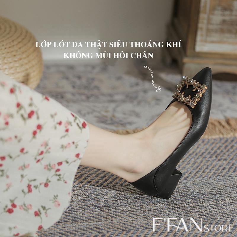 Giày cao gót nữ mũi nhọn [da thật] mềm mại, bít mũi gót vuông 3 phân đính đá 1818, màu đen be trắng FFAN STORE