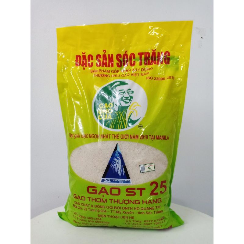 Gạo ST 25 Lúa tôm Túi 5 KG - Hồ Quang  Cua, Đặc sản Sóc Trăng cơm mềm dẻo, vị ngọt. Có mã QR chứng nhận hàng Thật.