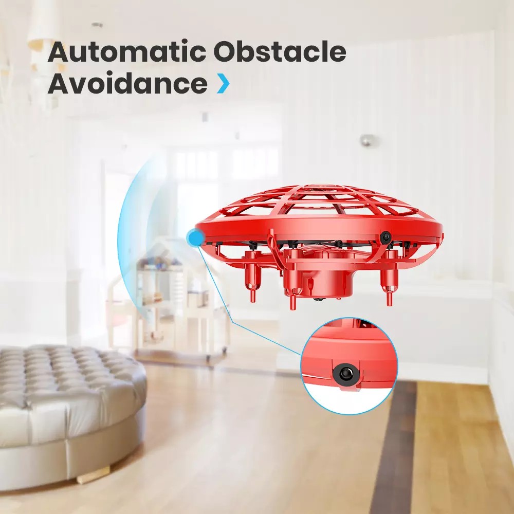 DEERC Máy bay UFO mini xoay 360 độ tự động, điều khiển cảm ứng bằng tay có đèn LED dành cho bé trai và bé - Màu đỏ