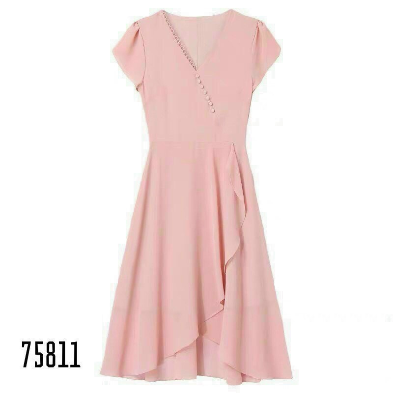 Váy Nữ Xinh Hàn Quốc, Đầm Tay Ngắn Cổ Chữ V Màu Hồng Siêu Dễ Thương Chất Vải Chiffon Mềm Mại Mặc Mát Thời Trang Nữ Hoàng | BigBuy360 - bigbuy360.vn